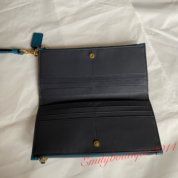 NWT Coach Retail CC553 Double Zip Pebble Leather Deep Turquoide Wallet Wristlet - Picture 5 of 6